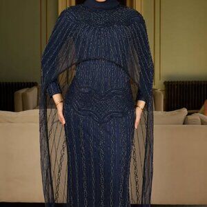 Navy Embellished Cape Gown — Size 10 + Matching Hijab